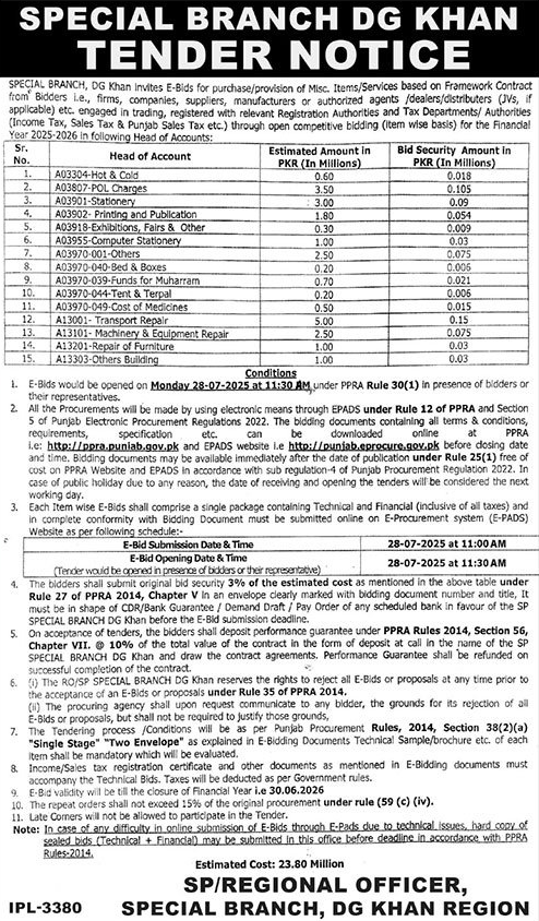 Special Branch DG Khan Tender Notice